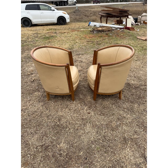 1940s French Art Deco Leather Solid Mahogany Barrel Back Club Chairs - A Pair For Sale - Image 4 of 12