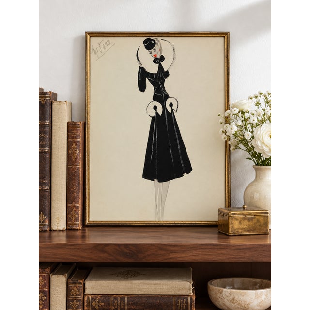Bunny Williams Home Vintage French Fashion Art Print – Black Coat With White Fur Collar, 30" X 40" For Sale - Image 4 of 9