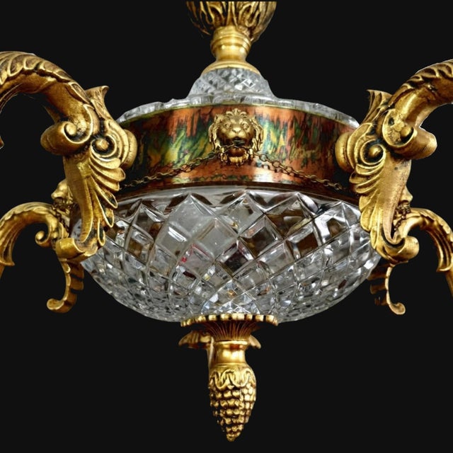 Metal Vintage Empire Victorian French 5-Arm Brass Lion Head Chandelier with Etched Globes and Crystal Glass, 1950s For Sale - Image 7 of 17