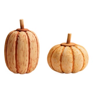 Carved Fir Wood Pumpkin Decor (Set of 2) For Sale