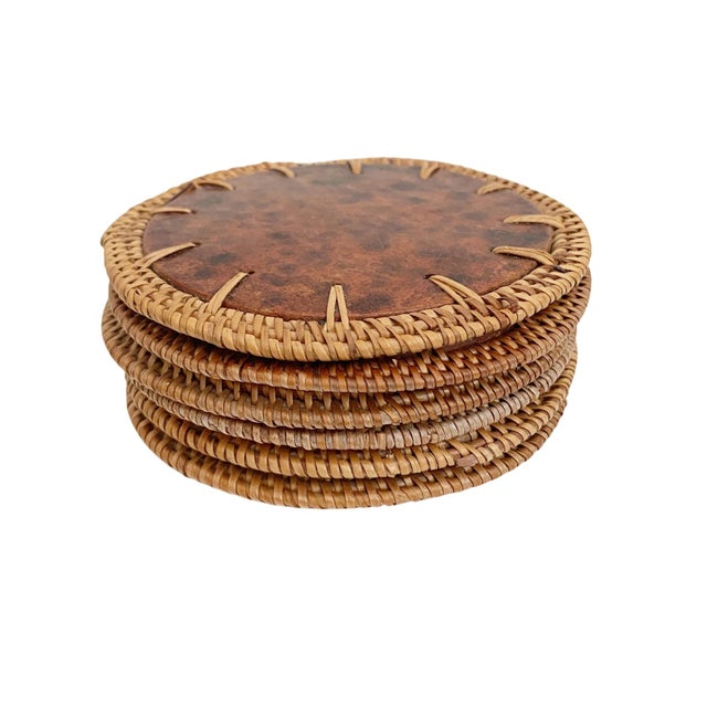 Mid-Century Modern 1960s Terracotta & Rattan Round Drink Coasters - Set of 6 For Sale - Image 3 of 5