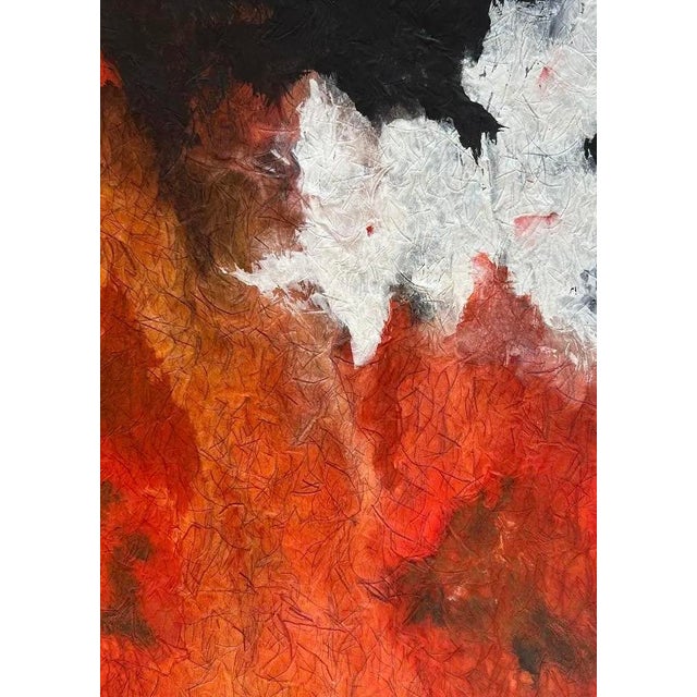 Red Mid 20th C. Color Saturated Mixed Media Abstract Floral Still Life on Fibrous Hand Made Paper c.1970 For Sale - Image 8 of 12