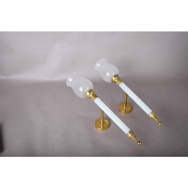 French Blue Opaline Glass and Brass Torch Wall Sconces with Glass Shades, 1950s, Set of 2 For Sale - Image 9 of 15