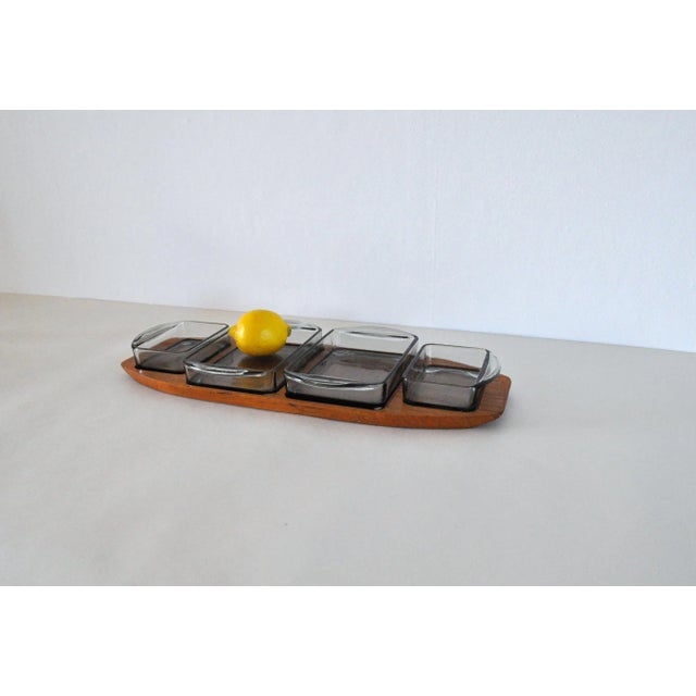 Wood Danish Modern Teak Serving Tray with Glass Bowls, Denmark, 1960s For Sale - Image 7 of 10