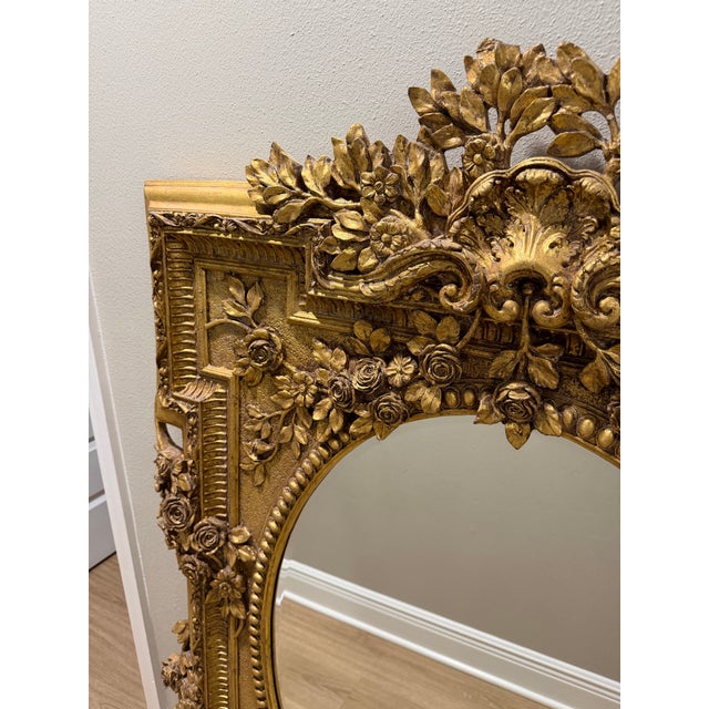 Rococo Large Ornate Rococo Revival Gold Floral Wood & Composition Wall Mirror For Sale - Image 3 of 16
