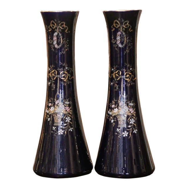 Pair 19th Century French Neoclassical Painted and Gilt Porcelain Trumpet Vases For Sale