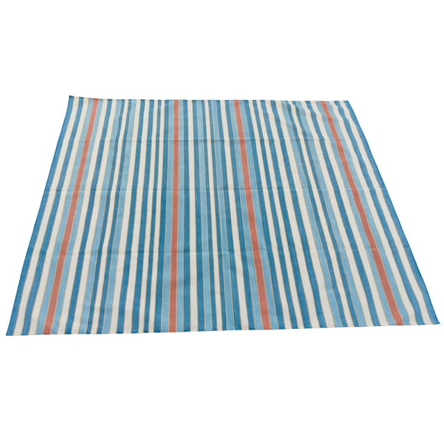Sky Blue Handwoven Cotton Area Rug, Natural Vegetable Dyed, Blue, Red and Yellow Striped Dhurrie - 10'x14' For Sale - Image 8 of 12