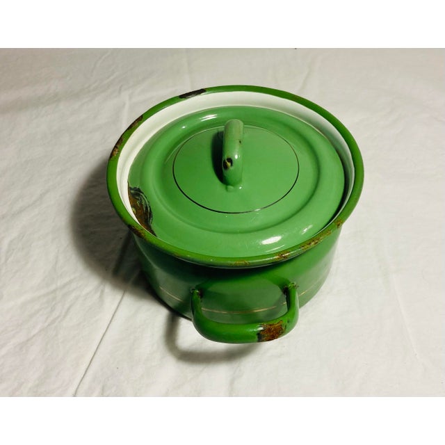 Paint Vintage Enamel Ware Pot With Lid in Green With Narrow Gold Stripe Handle to Two Sides For Sale - Image 7 of 12