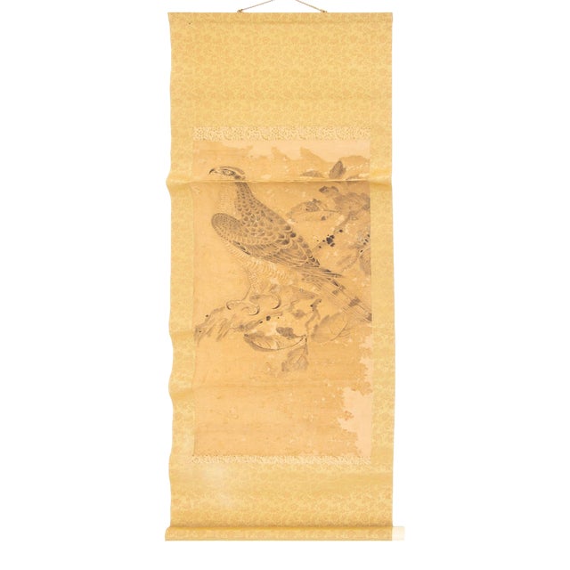 Japanese School Perched Hawk Scroll Painting For Sale
