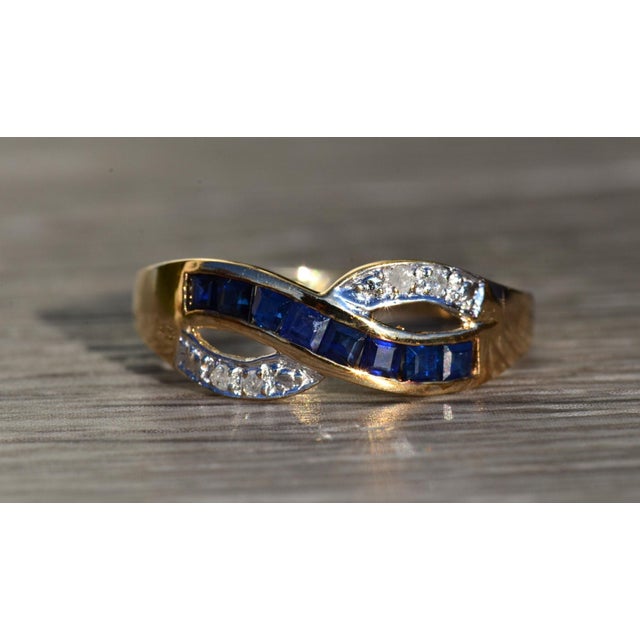 Gold The Lobelville: Ladies Yellow Gold Diamond and Sapphire Crossover Ring For Sale - Image 8 of 10