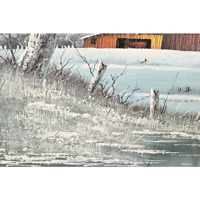 Original Artist Signed "Barn in Snowfall" Oil Painting on Canvas in Carved Wood Frame For Sale In South Bend - Image 6 of 13