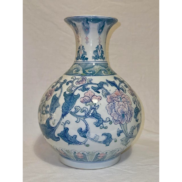 1970s Large Vintage Baluster Shaped, Chinese Porcelain Vase W/ Pink, Green and Blue Chrysanthemums For Sale - Image 5 of 8