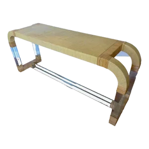 Grasscloth and Glass Waterfall Console Table Curved Rattan