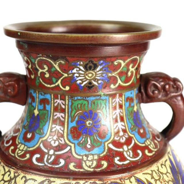 1900 - 1909 Antique Japanese Cloisonne Enameled Double Handle Bronze Vase C1900 For Sale - Image 5 of 7