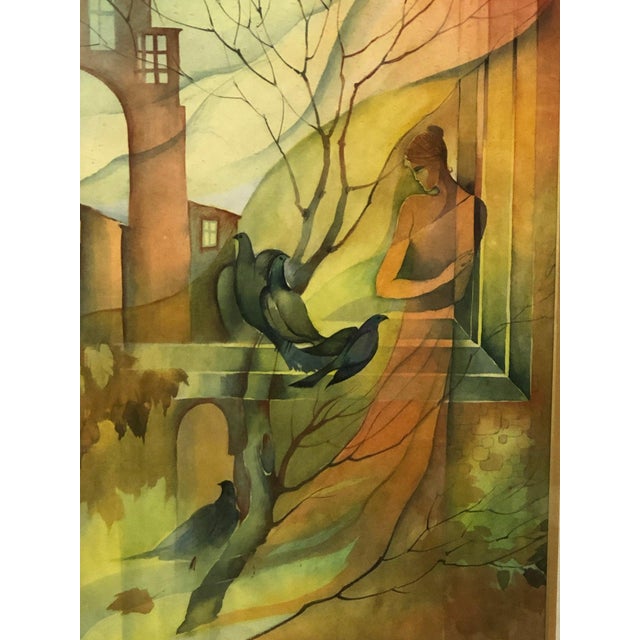 This ethereal watercolor painting by Zina Rothman offers a dreamlike fusion of architecture, nature, and quiet human...