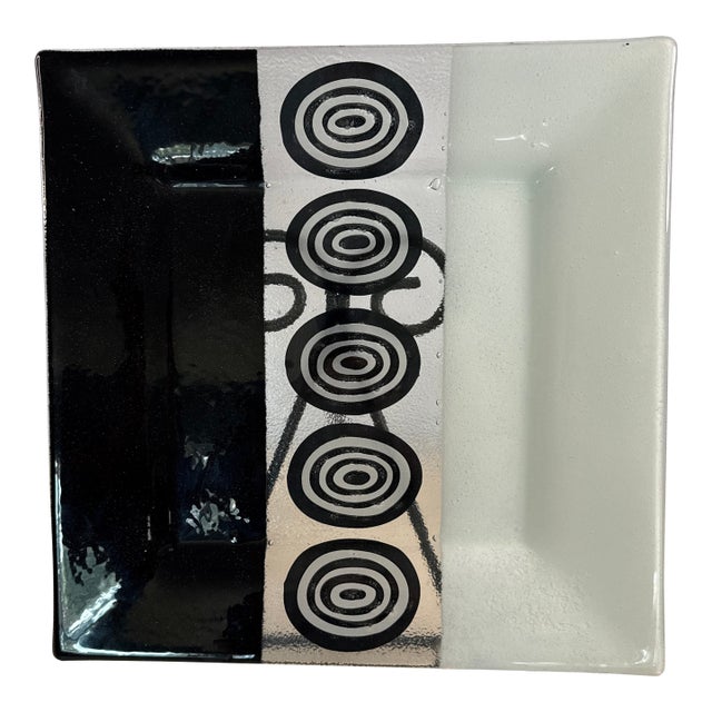 Vintage-Style Black & White Fused Art Glass Square Platter With Concentric Oval “Target” Motif | 13” For Sale
