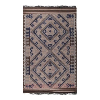 5x8 Brown Flat Weave Wool Diamond Key Pattern Geometric Modern Carpet Rug For Sale
