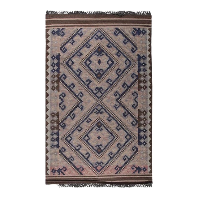 5x8 Brown Flat Weave Wool Diamond Key Pattern Geometric Modern Carpet Rug For Sale