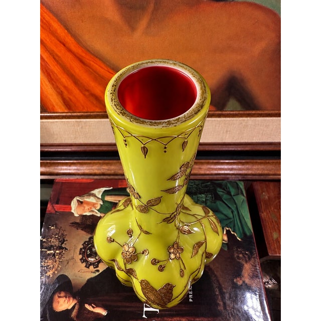 1890s Mount Washington Gilded Chartreuse Art Glass Vase For Sale - Image 12 of 14