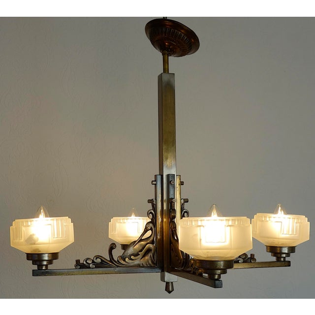 1920s French Art Deco Brass and Satin Glass 4-Light Chandelier, 1920s For Sale - Image 5 of 15