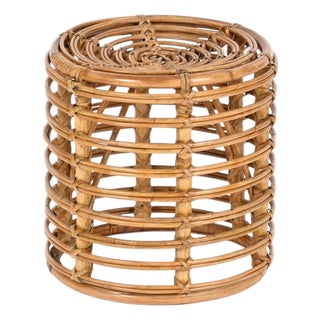 Rattan and Wicker Round Stool attributed to Tito Agnoli, Italy, 1960s For Sale