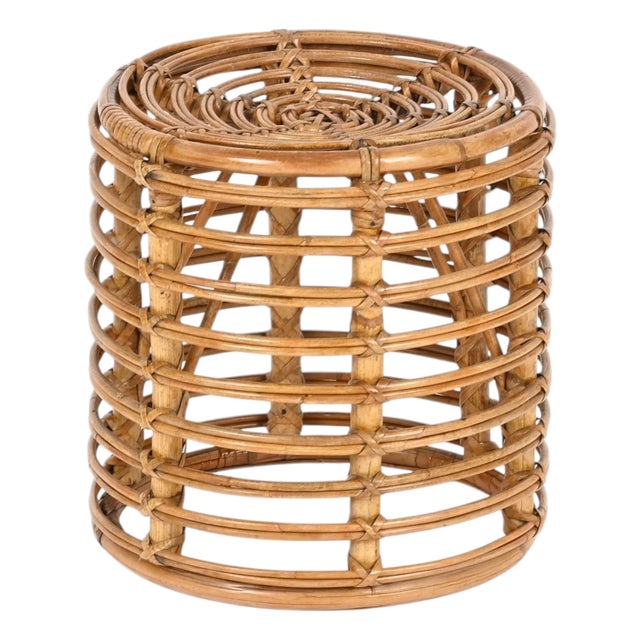 Rattan and Wicker Round Stool attributed to Tito Agnoli, Italy, 1960s For Sale