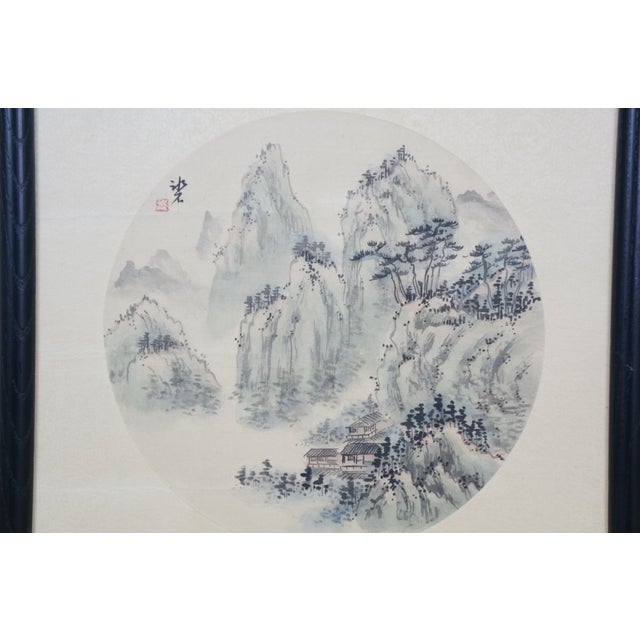 Vintage Round Chinese Shan Shui Mountain Water Landscape Painting on Silk 13" For Sale - Image 4 of 9