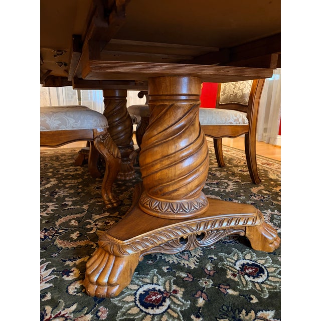 Wood 1990s Grand Traditional Italian Carved Pedestal Dining Table & 8 Damask Chairs - 9 Piece Set For Sale - Image 7 of 9