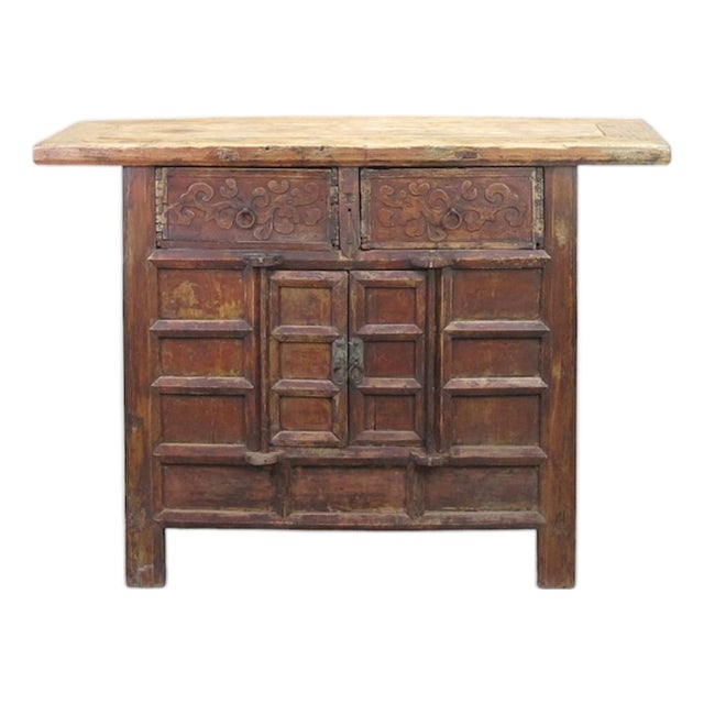 Double Top Drawer Carved Elm Sideboard For Sale