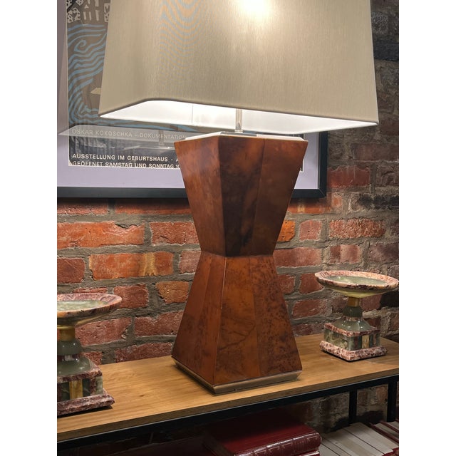 Mid-Century Modern Danish Burlwood Polished Pyramidal Lamp With Two Fixtures For Sale - Image 4 of 12