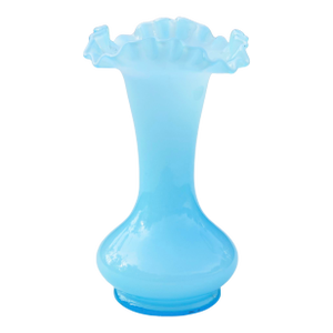 Mid 20th Century Handmade Americana Blue Ruffled Art-Glass Vase