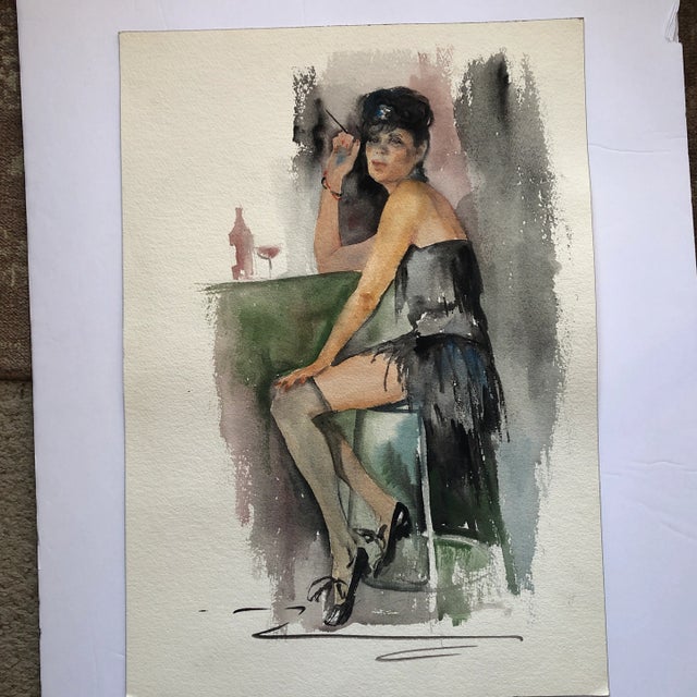 Original Vintage Watercolor Female Portrait Bar Scene For Sale In Philadelphia - Image 6 of 6