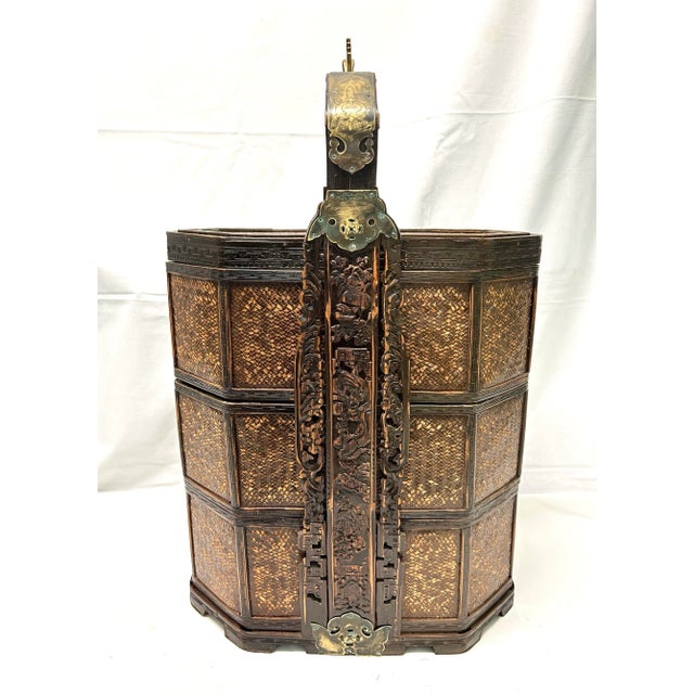 Late 19th Century 19th Century Chinese Wedding Basket - Antique Tiered Wicker & Carved Wood Storage Basket - Chinoiserie Decor For Sale - Image 5 of 12
