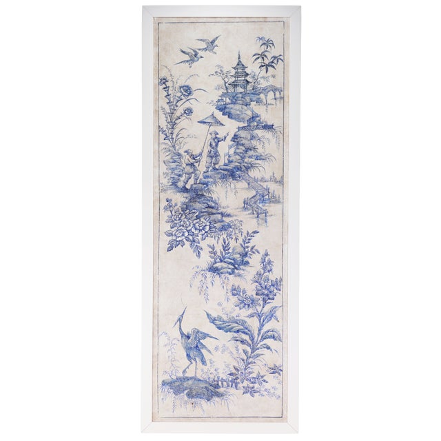 Late 20th Century A Set of Vintage-Style Blue-and-White French Chinoiserie Four-Panel Hanging scrolls.Framed. For Sale - Image 5 of 16