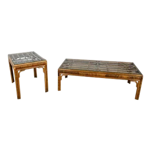 Vintage Organic Modern Rattan Coffee Table & Side Table Style of Ficks Reed, a Pair