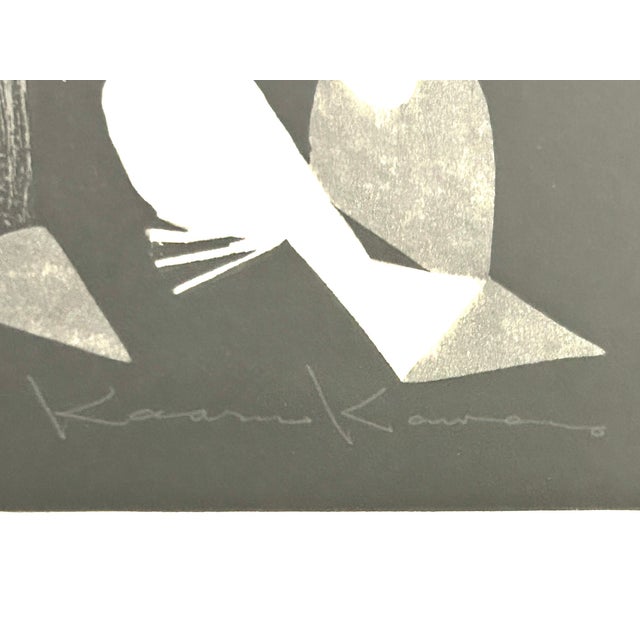 Authentic lifetime strike of the monochrome woodblock print "Doves and Girl" (Hato) by Japanese mid-century artist Kaoru...