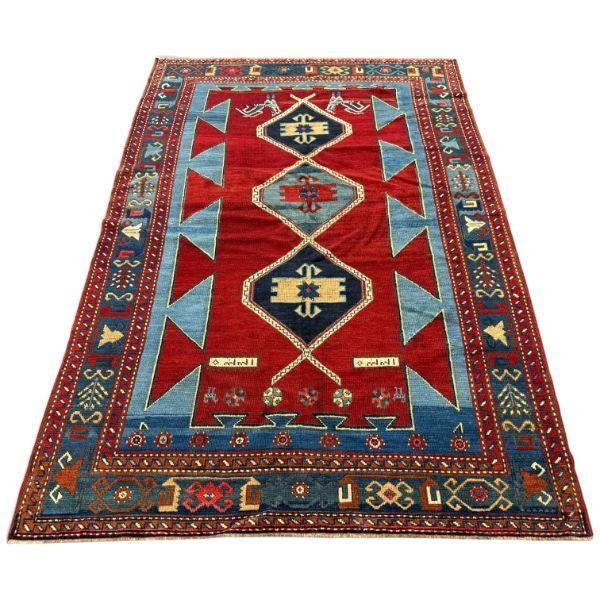 1930s Antique Kazak Rug – Bold Red, Turquoise & Tribal Geometric Design 5x8 For Sale - Image 5 of 5