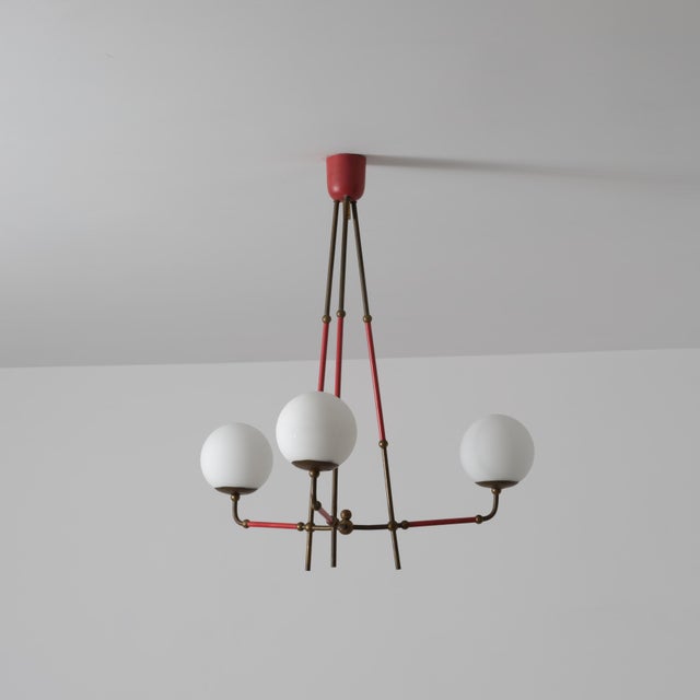 Vintage Italian Brass and Red Lacquered Chandelier with Opaline Glass, 1950s For Sale - Image 4 of 13