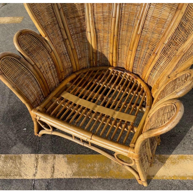 Boho Chic 1970s Rattan Woven Wicker Peacock Fan Back Lounge Chair For Sale - Image 3 of 12