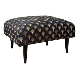 Mid-Century Art Deco Navy Blue Peacock Motif Footstool Ottoman For Sale