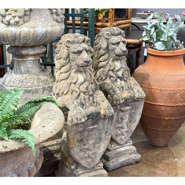 Pair of Cast Stone Armorial Lion Garden Statues From England - Two Available For Sale - Image 15 of 15