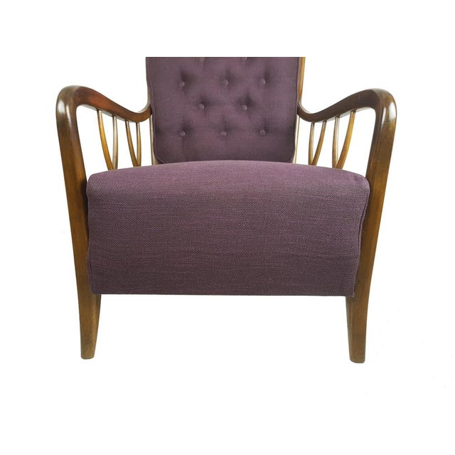 Wood & Purple Fabric Armchair attributed to Paolo Buffa, 1950s For Sale - Image 9 of 12