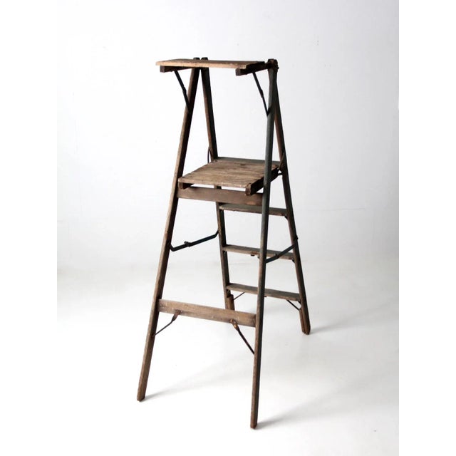 Vintage Wooden Platform Ladder For Sale - Image 4 of 13
