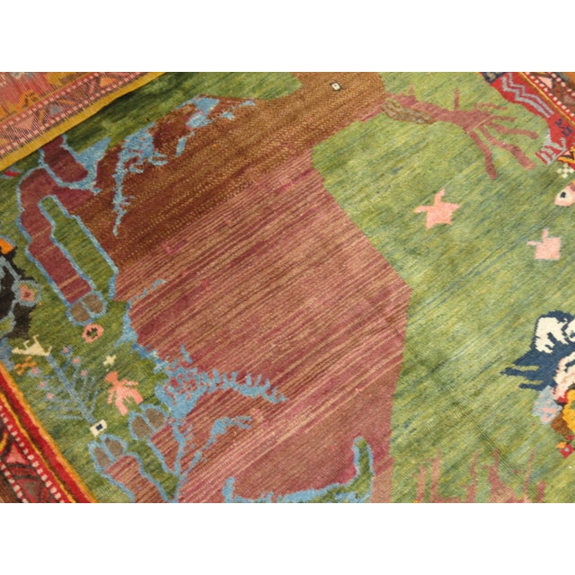 Green Early 20th Century Green Pictorial Deer Rug - 4'8" x 6'9" For Sale - Image 8 of 9