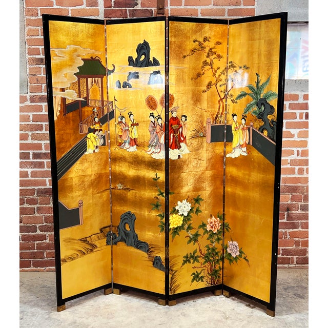 Chinoiserie Vintage Hand-Painted 4 Panel Chinese Folding Screen / Room Divider With Gold Gilded Panels For Sale - Image 3 of 11