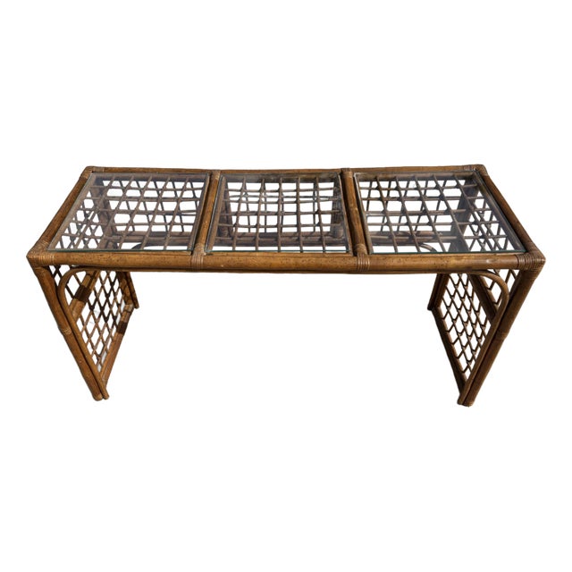 1970s Boho Chic Brown Lattice Rattan Rectangular Sofa Console Table With Glass Top For Sale