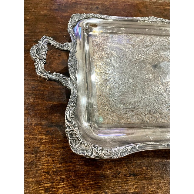 F.B. Rogers Silver Co. Vintage Wm Rogers Etched Silver Double Handle Footed Serving Tray For Sale - Image 4 of 17