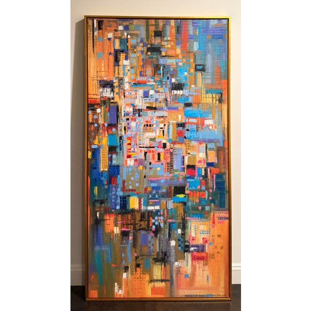 Striking large-scale original abstract cityscape painting by contemporary artist Ekaterina Ermilkina. This vibrant...