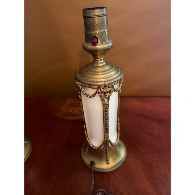 Pair of Vintage French Empire Brass & Milk Glass Table Lamps 12" X 4.5" Ca. 1950 For Sale - Image 11 of 18