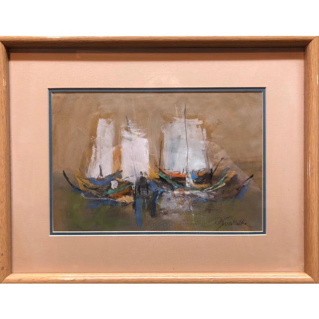 Motke BlumIsraeli Modernist Abstract Expressionist Gouache Painting Boats For Sale - Image 4 of 5